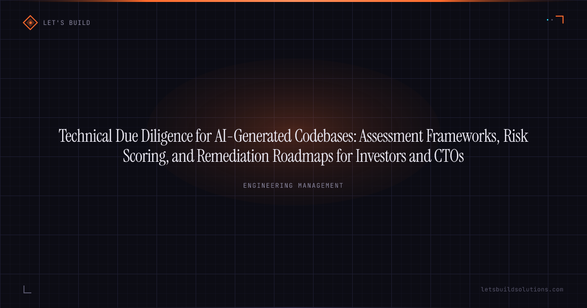 Technical Due Diligence for AI-Generated Codebases: Assessment Frameworks, Risk Scoring, and Remediation Roadmaps for Investors and CTOs
